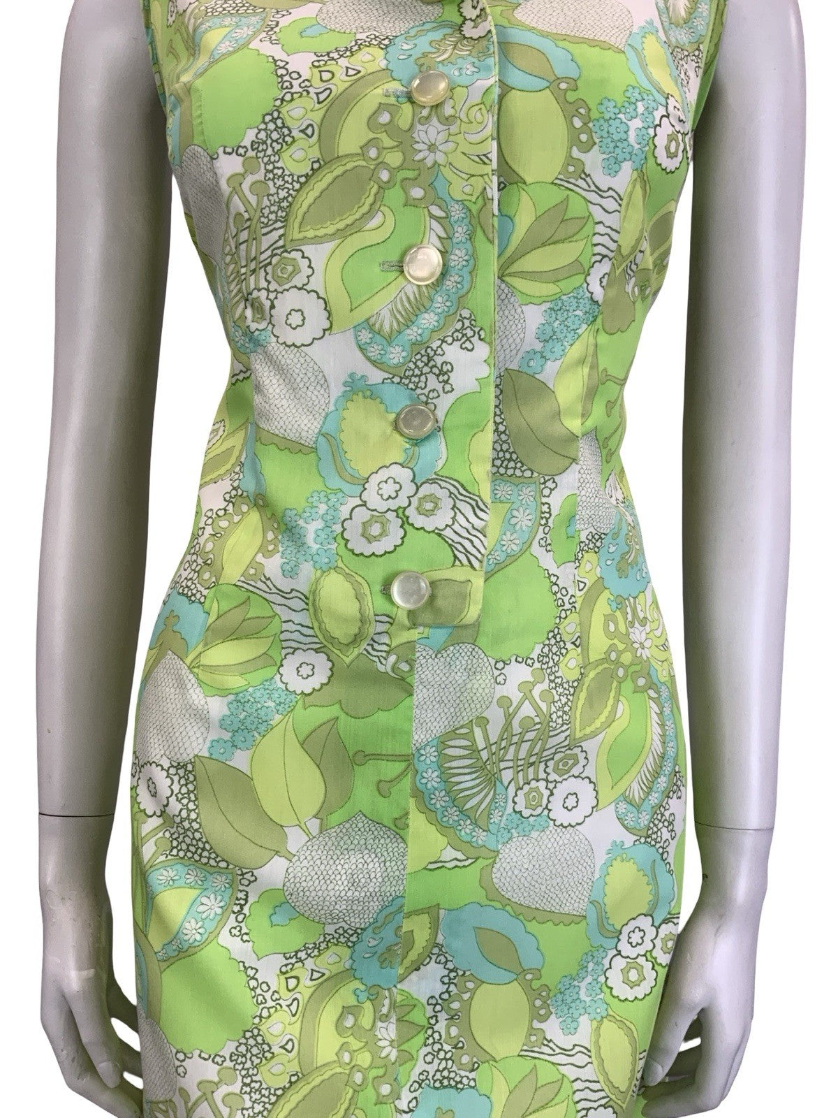 VTG 60S 70S PSYCHEDELIC FLORAL LEAFY GREEN WHITE MOD SHIFT DRESS 10