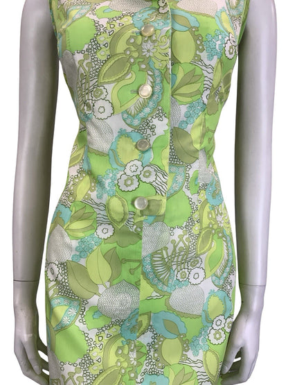 VTG 60S 70S PSYCHEDELIC FLORAL LEAFY GREEN WHITE MOD SHIFT DRESS 10