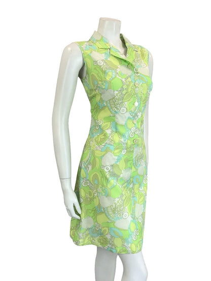 VTG 60S 70S PSYCHEDELIC FLORAL LEAFY GREEN WHITE MOD SHIFT DRESS 10
