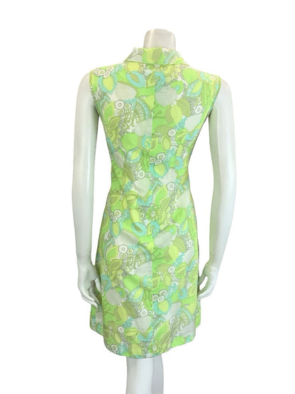 VTG 60S 70S PSYCHEDELIC FLORAL LEAFY GREEN WHITE MOD SHIFT DRESS 10