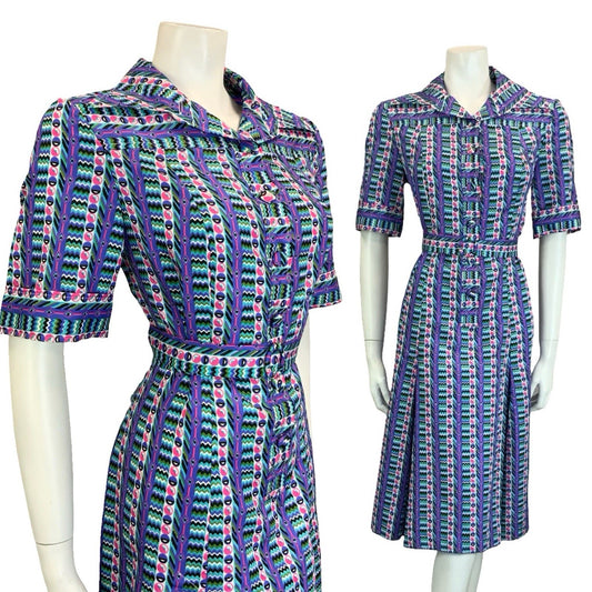 VTG 60S 70S PURPLE GREEN PINK GEOMETRIC STRIPE DAGGER BELTED SHIRT DRESS 14