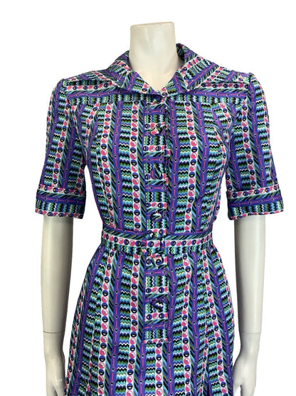 VTG 60S 70S PURPLE GREEN PINK GEOMETRIC STRIPE DAGGER BELTED SHIRT DRESS 14