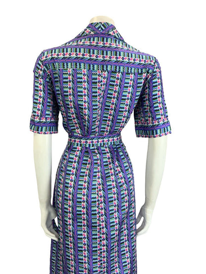 VTG 60S 70S PURPLE GREEN PINK GEOMETRIC STRIPE DAGGER BELTED SHIRT DRESS 14