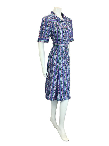 VTG 60S 70S PURPLE GREEN PINK GEOMETRIC STRIPE DAGGER BELTED SHIRT DRESS 14