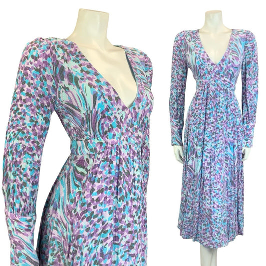 VTG 60S 70S BLUE PURPLE GREY PSYCHEDELIC PLUNGING V NECK EMPIRE MIDI DRESS 10