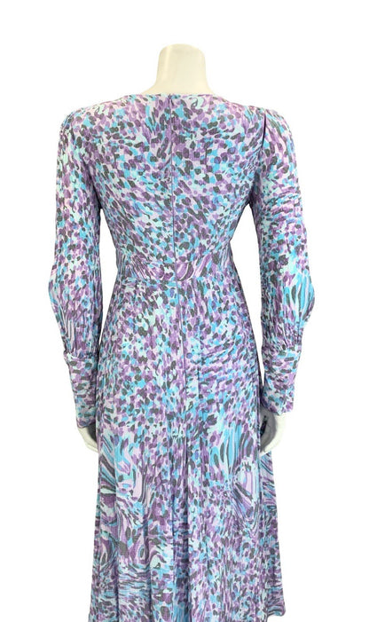 VTG 60S 70S BLUE PURPLE GREY PSYCHEDELIC PLUNGING V NECK EMPIRE MIDI DRESS 10