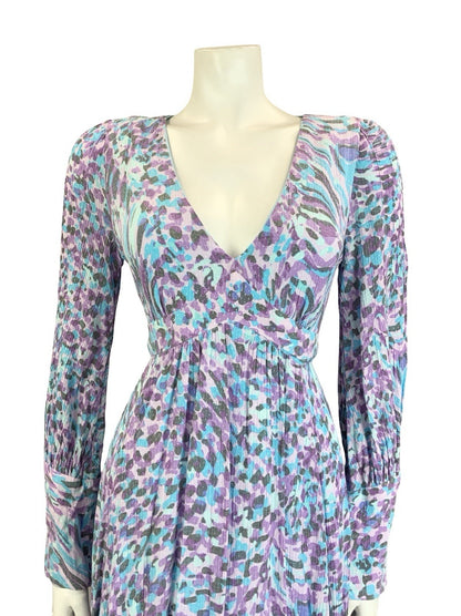VTG 60S 70S BLUE PURPLE GREY PSYCHEDELIC PLUNGING V NECK EMPIRE MIDI DRESS 10