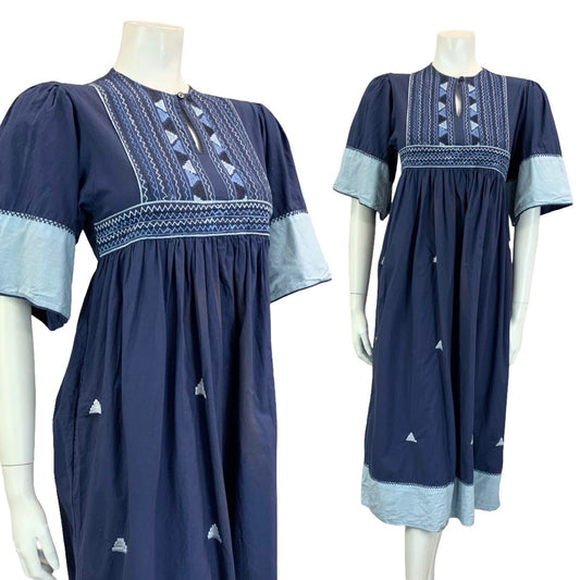 VTG 60S 70S NAVY BLUE EMBROIDERED BOHO HIPPY EMPIRE SMOCK GEOMETRIC DRESS 8