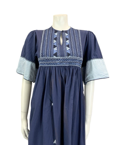 VTG 60S 70S NAVY BLUE EMBROIDERED BOHO HIPPY EMPIRE SMOCK GEOMETRIC DRESS 8