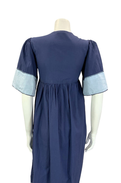 VTG 60S 70S NAVY BLUE EMBROIDERED BOHO HIPPY EMPIRE SMOCK GEOMETRIC DRESS 8