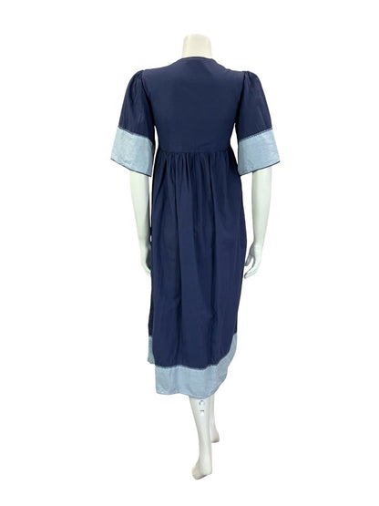 VTG 60S 70S NAVY BLUE EMBROIDERED BOHO HIPPY EMPIRE SMOCK GEOMETRIC DRESS 8