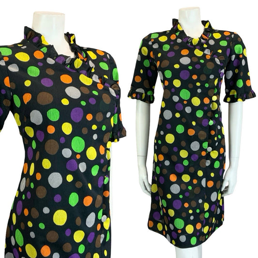 VTG 60S 70S BLACK YELLOW GREEN ORANGE PURPLE DOTTY RUFFLE SHIFT DRESS 12