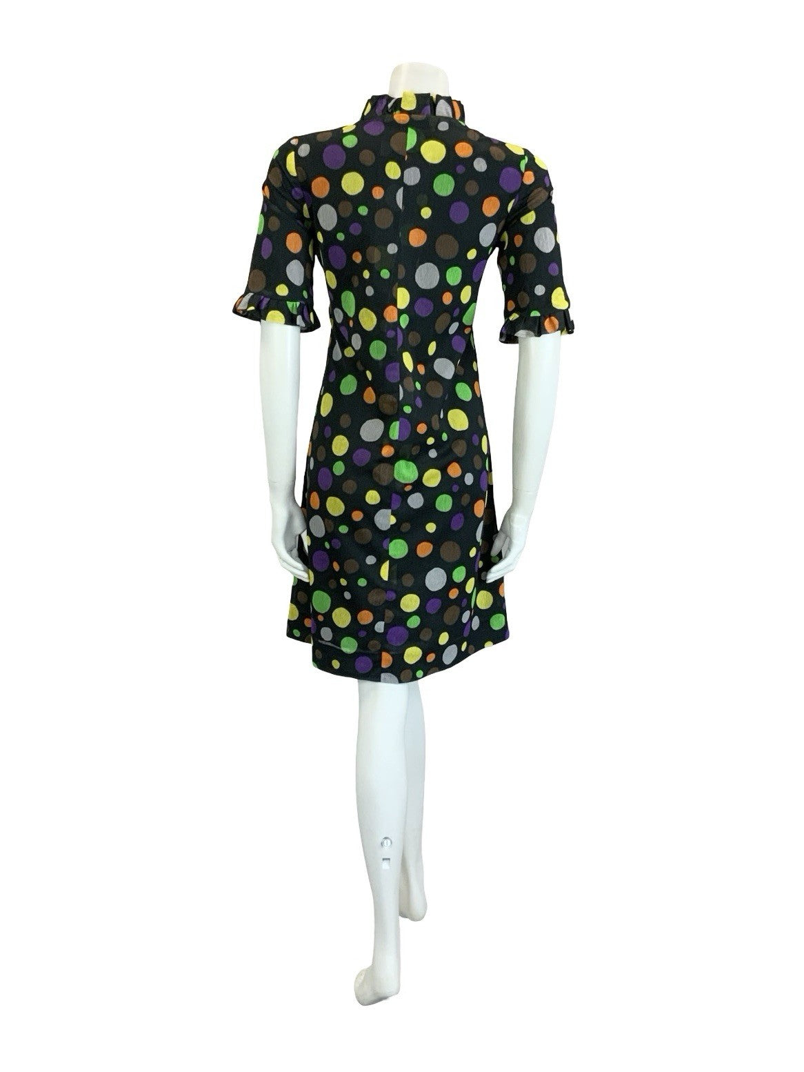 VTG 60S 70S BLACK YELLOW GREEN ORANGE PURPLE DOTTY RUFFLE SHIFT DRESS 12