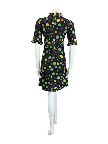 VTG 60S 70S BLACK YELLOW GREEN ORANGE PURPLE DOTTY RUFFLE SHIFT DRESS 12