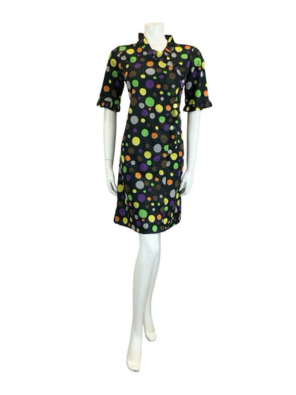 VTG 60S 70S BLACK YELLOW GREEN ORANGE PURPLE DOTTY RUFFLE SHIFT DRESS 12