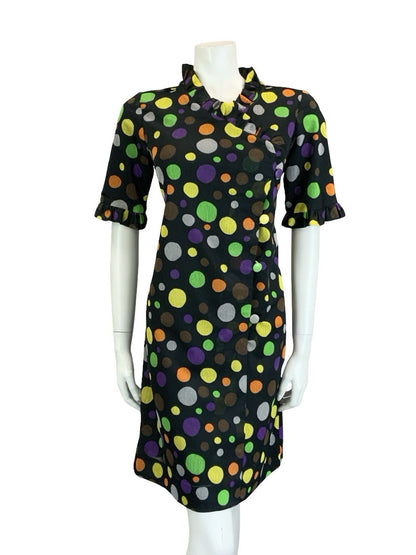 VTG 60S 70S BLACK YELLOW GREEN ORANGE PURPLE DOTTY RUFFLE SHIFT DRESS 12