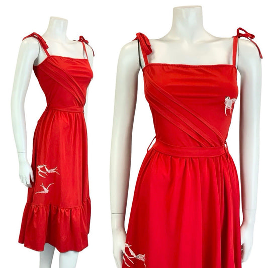 VTG 60S 70S RED WHITE STRAPPY EMBROIDERED BIRD RUFFLE TIE WAIST SUN DRESS 10