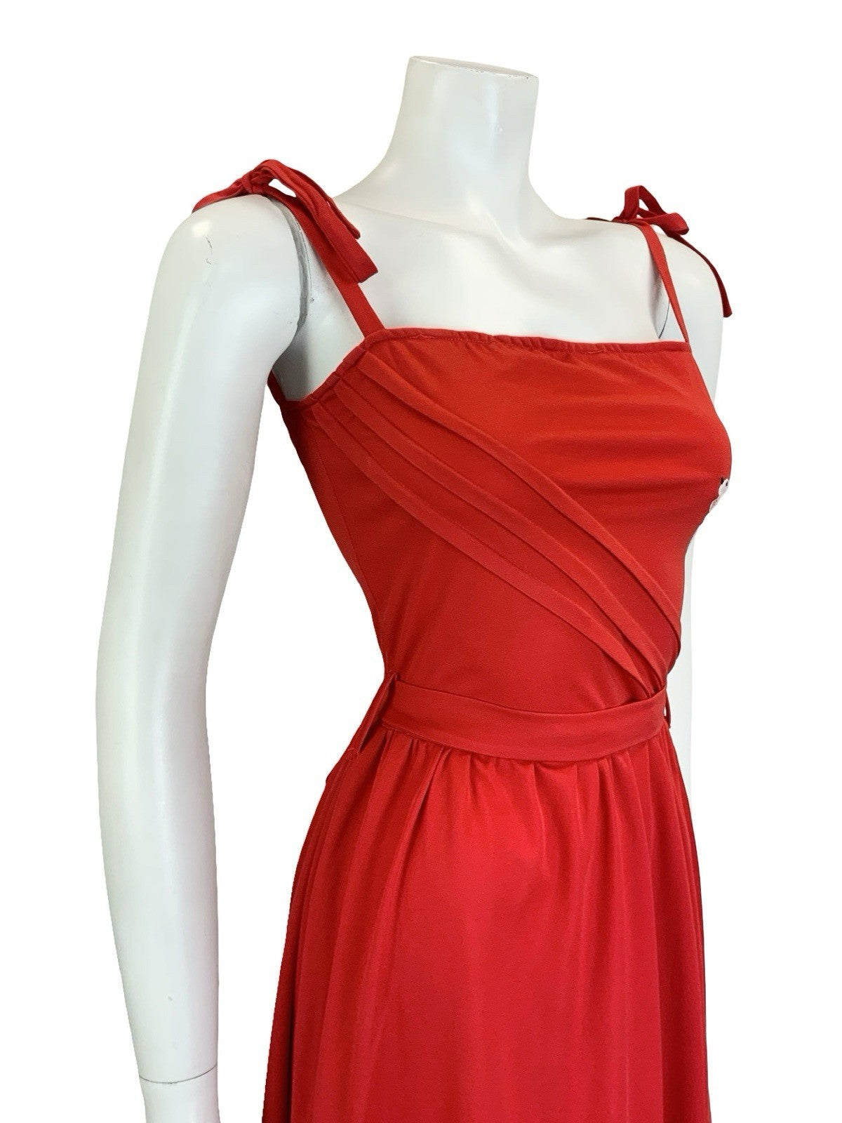 VTG 60S 70S RED WHITE STRAPPY EMBROIDERED BIRD RUFFLE TIE WAIST SUN DRESS 10