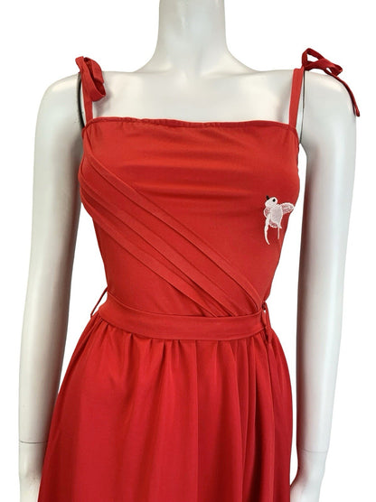 VTG 60S 70S RED WHITE STRAPPY EMBROIDERED BIRD RUFFLE TIE WAIST SUN DRESS 10