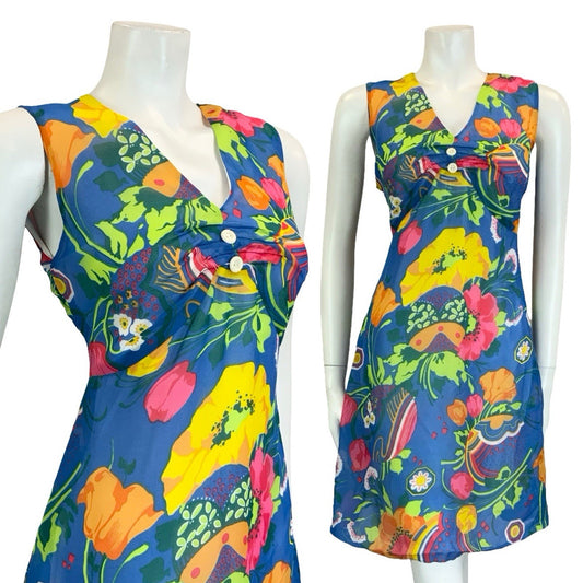VTG 60S 70S BLUE PINK GREEN YELLOW ORANGE PSYCHEDELIC FLORAL EMPIRE DRESS 10