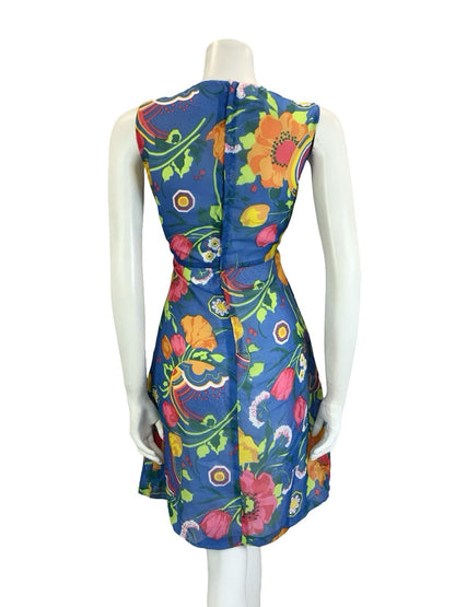 VTG 60S 70S BLUE PINK GREEN YELLOW ORANGE PSYCHEDELIC FLORAL EMPIRE DRESS 10