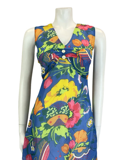 VTG 60S 70S BLUE PINK GREEN YELLOW ORANGE PSYCHEDELIC FLORAL EMPIRE DRESS 10