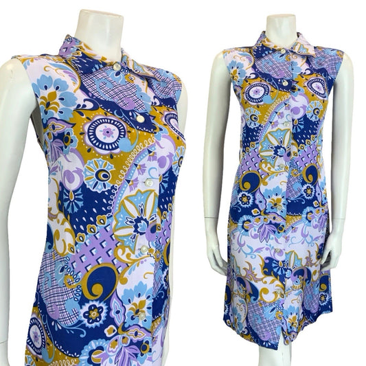 VTG 60S  MOD PURPLE BROWN BLUE PSYCEDELIC GEOMETRIC SLEEVELESS SHIFT DRESS 14