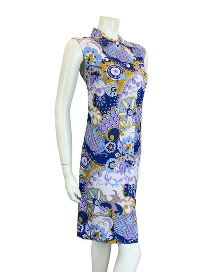 VTG 60S  MOD PURPLE BROWN BLUE PSYCEDELIC GEOMETRIC SLEEVELESS SHIFT DRESS 14