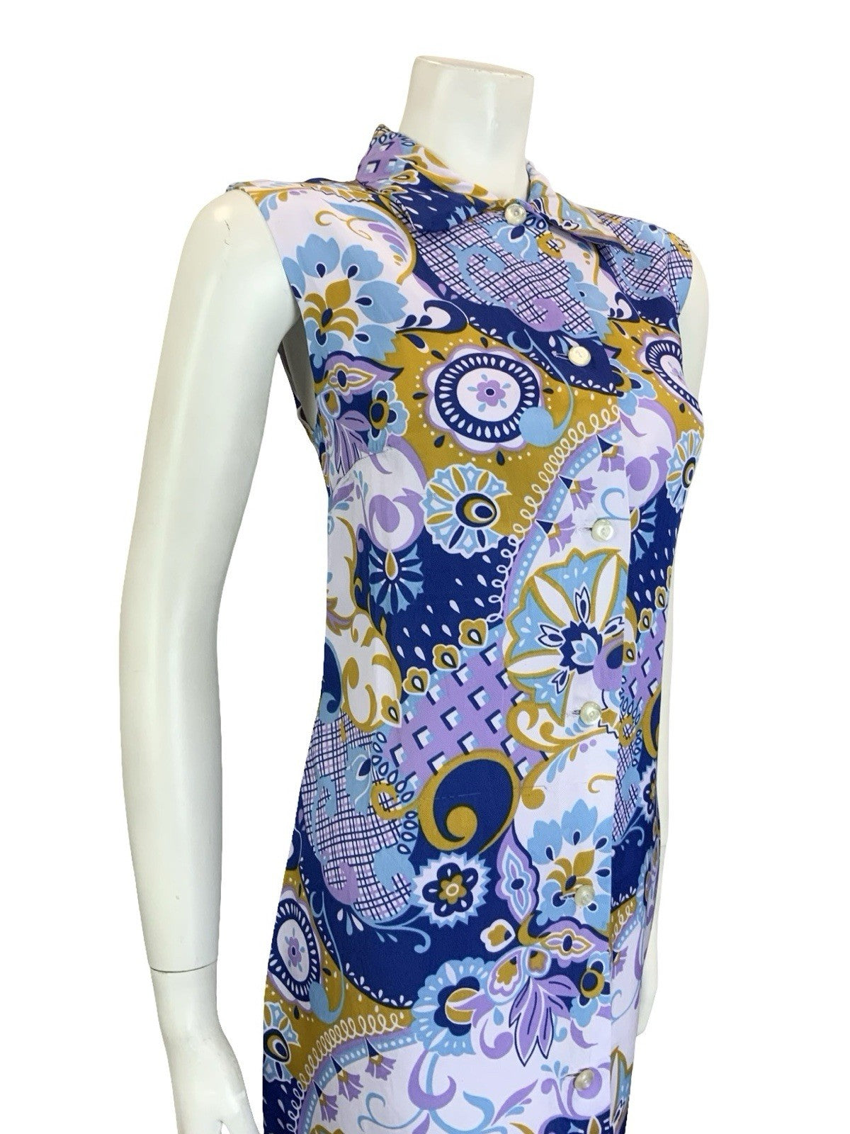 VTG 60S  MOD PURPLE BROWN BLUE PSYCEDELIC GEOMETRIC SLEEVELESS SHIFT DRESS 14