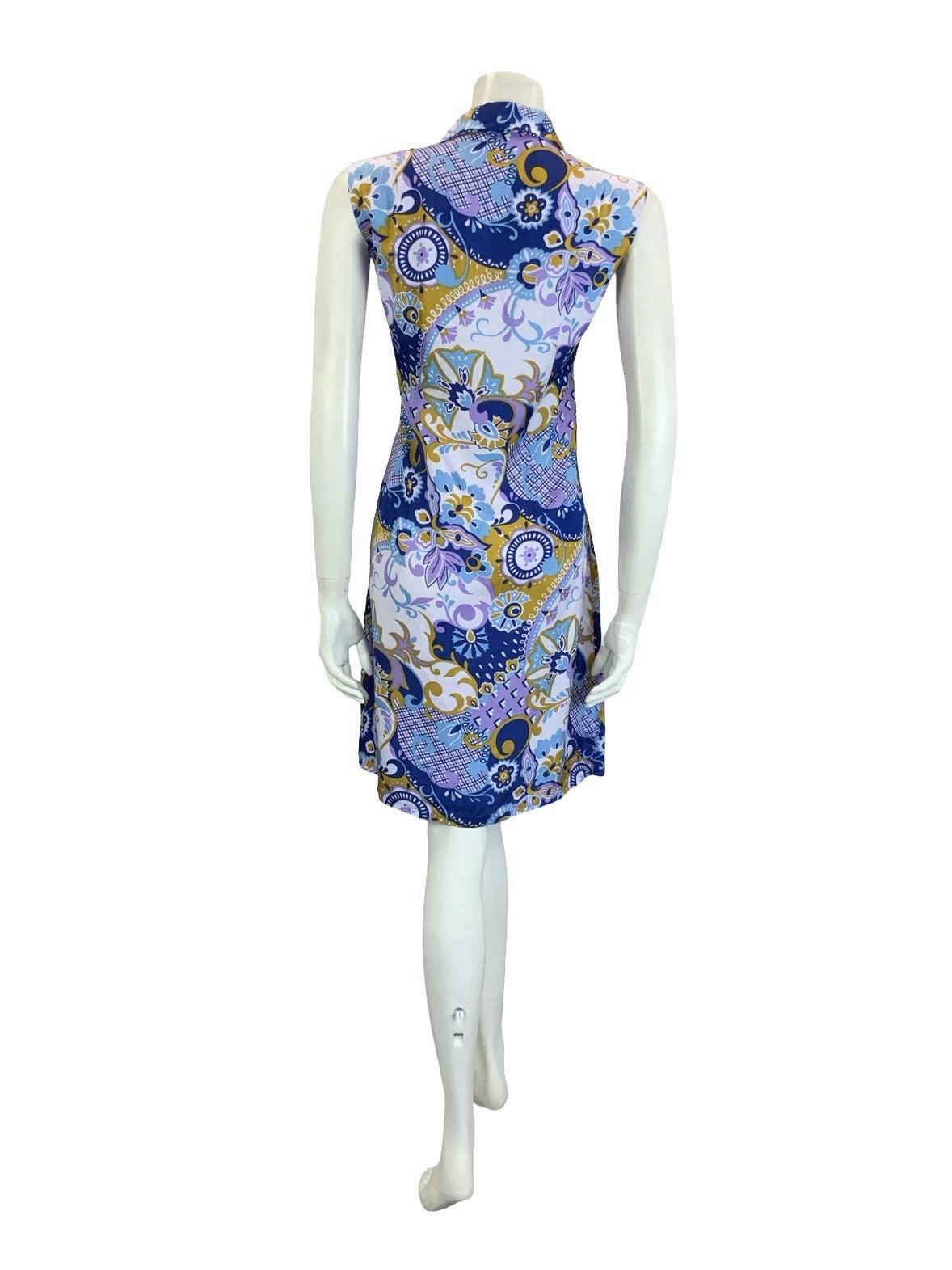 VTG 60S  MOD PURPLE BROWN BLUE PSYCEDELIC GEOMETRIC SLEEVELESS SHIFT DRESS 14
