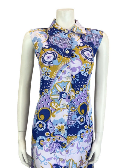 VTG 60S  MOD PURPLE BROWN BLUE PSYCEDELIC GEOMETRIC SLEEVELESS SHIFT DRESS 14