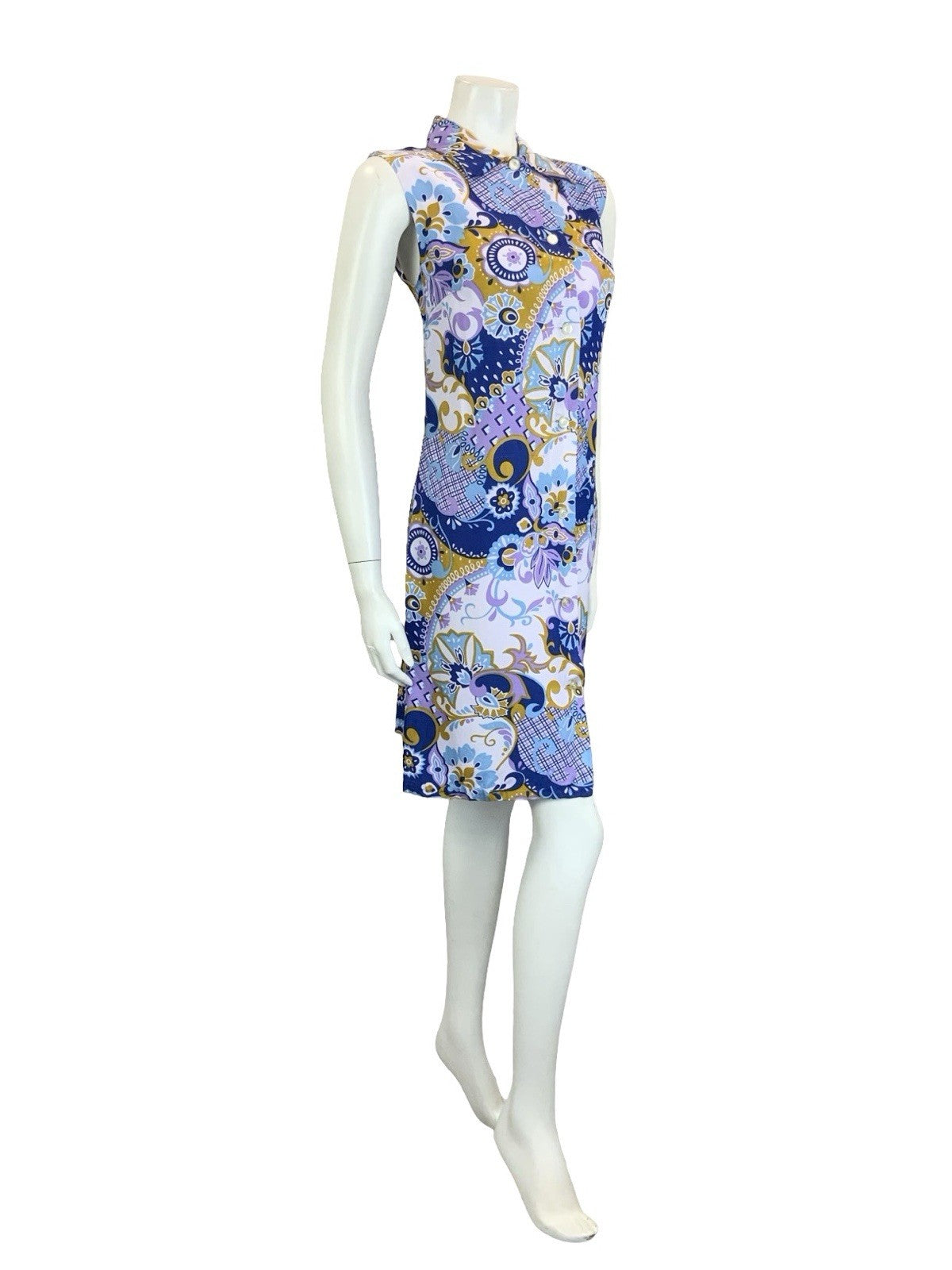 VTG 60S  MOD PURPLE BROWN BLUE PSYCEDELIC GEOMETRIC SLEEVELESS SHIFT DRESS 14