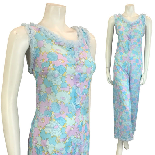 VTG 60S 70S BLUE LILAC PURPLE FLORAL RUFFLE NIGHT WEAR  NIGHTGOWN JUMPSUIT 8