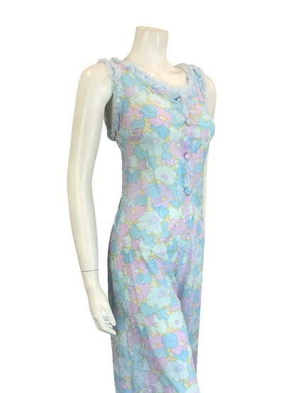VTG 60S 70S BLUE LILAC PURPLE FLORAL RUFFLE NIGHT WEAR  NIGHTGOWN JUMPSUIT 8
