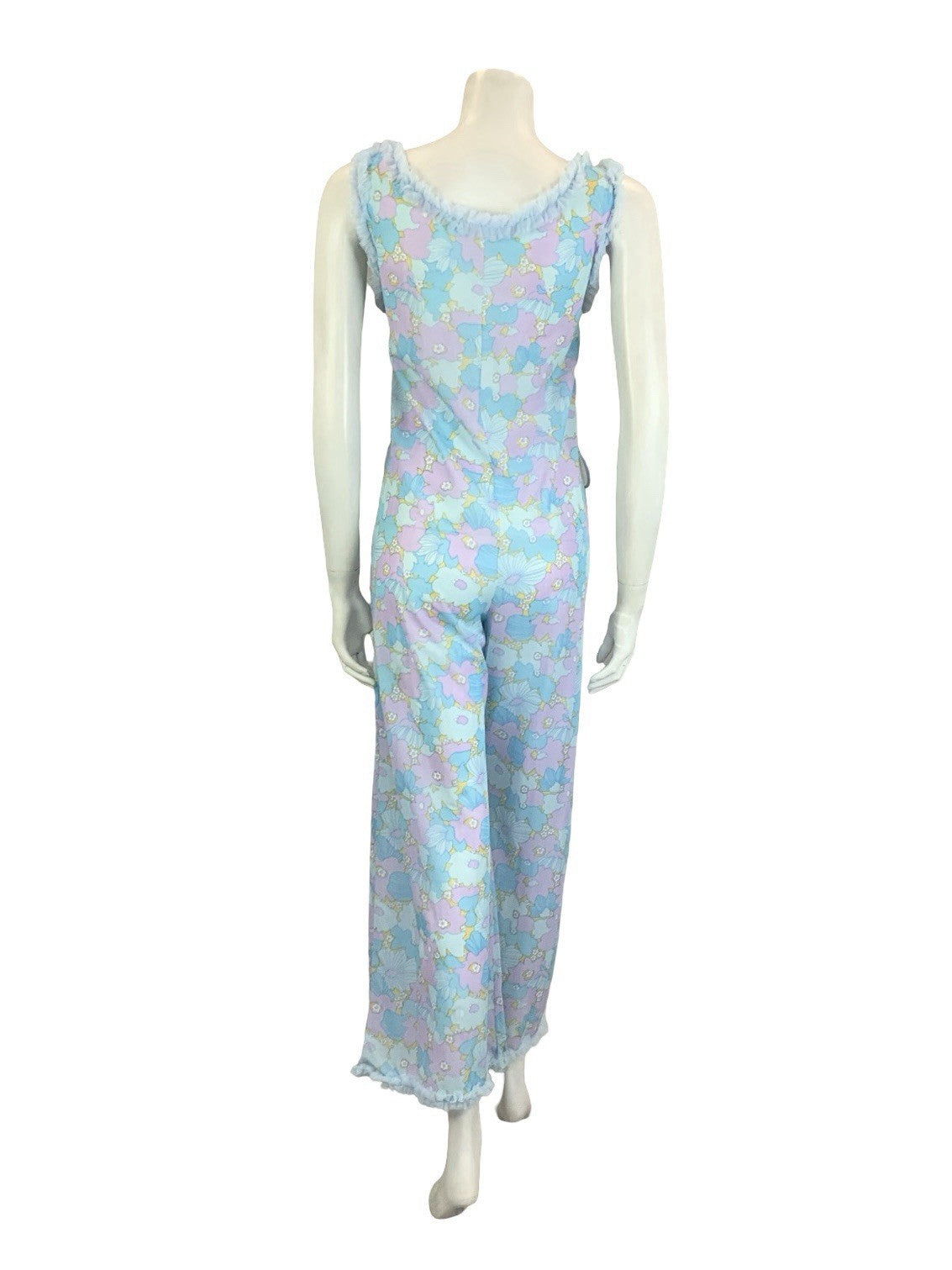 VTG 60S 70S BLUE LILAC PURPLE FLORAL RUFFLE NIGHT WEAR  NIGHTGOWN JUMPSUIT 8