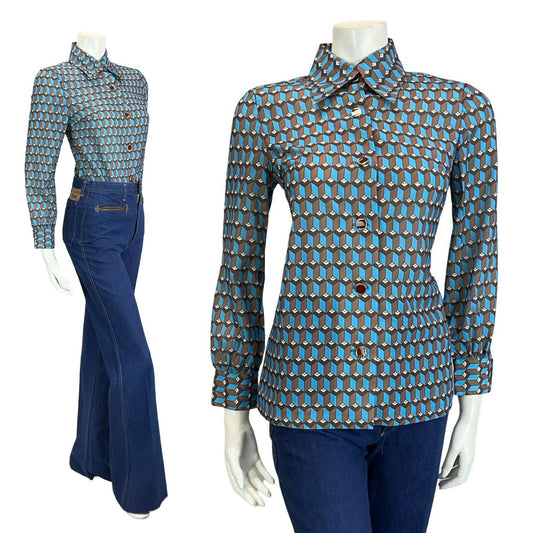 VTG 60S 70S BROWN BLUE WHITE ART DECO GEOMETRIC HEXAGONAL SHIRT 10