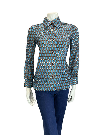 VTG 60S 70S BROWN BLUE WHITE ART DECO GEOMETRIC HEXAGONAL SHIRT 10
