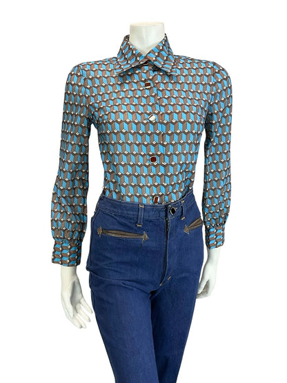 VTG 60S 70S BROWN BLUE WHITE ART DECO GEOMETRIC HEXAGONAL SHIRT 10