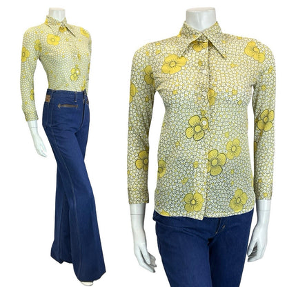 VTG 60S 70S RETRO MOD YELLOW WHITE BLACK DAISY FLORAL DAGGER COLLAR SHIRT 4