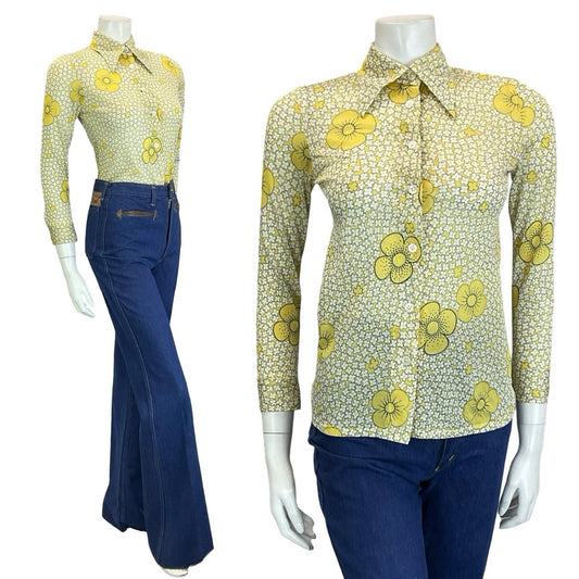 VTG 60S 70S RETRO MOD YELLOW WHITE BLACK DAISY FLORAL DAGGER COLLAR SHIRT 4