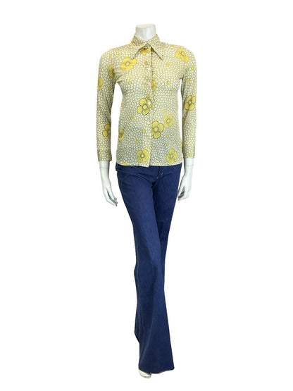 VTG 60S 70S RETRO MOD YELLOW WHITE BLACK DAISY FLORAL DAGGER COLLAR SHIRT 4