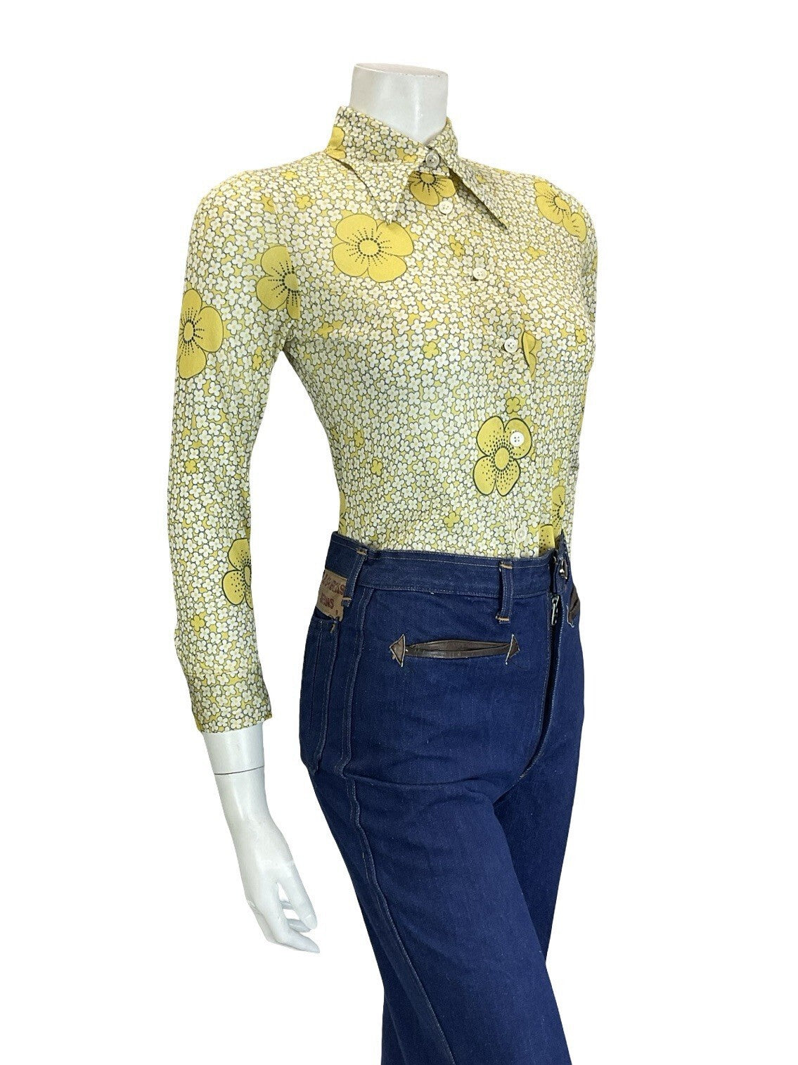 VTG 60S 70S RETRO MOD YELLOW WHITE BLACK DAISY FLORAL DAGGER COLLAR SHIRT 4
