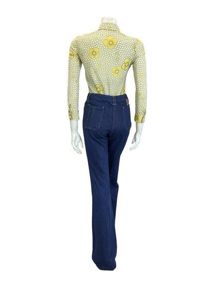 VTG 60S 70S RETRO MOD YELLOW WHITE BLACK DAISY FLORAL DAGGER COLLAR SHIRT 4