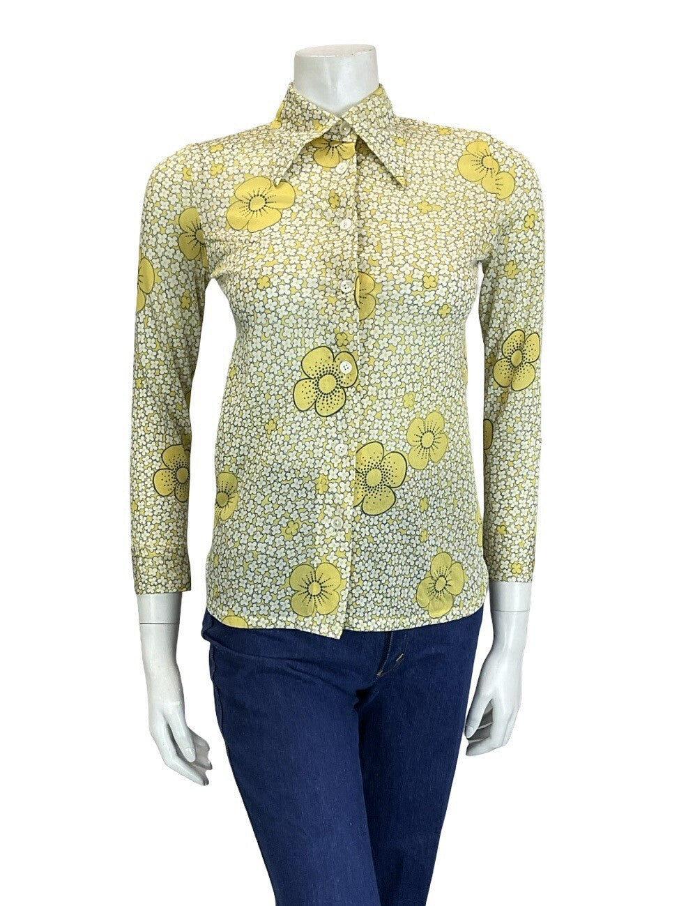 VTG 60S 70S RETRO MOD YELLOW WHITE BLACK DAISY FLORAL DAGGER COLLAR SHIRT 4