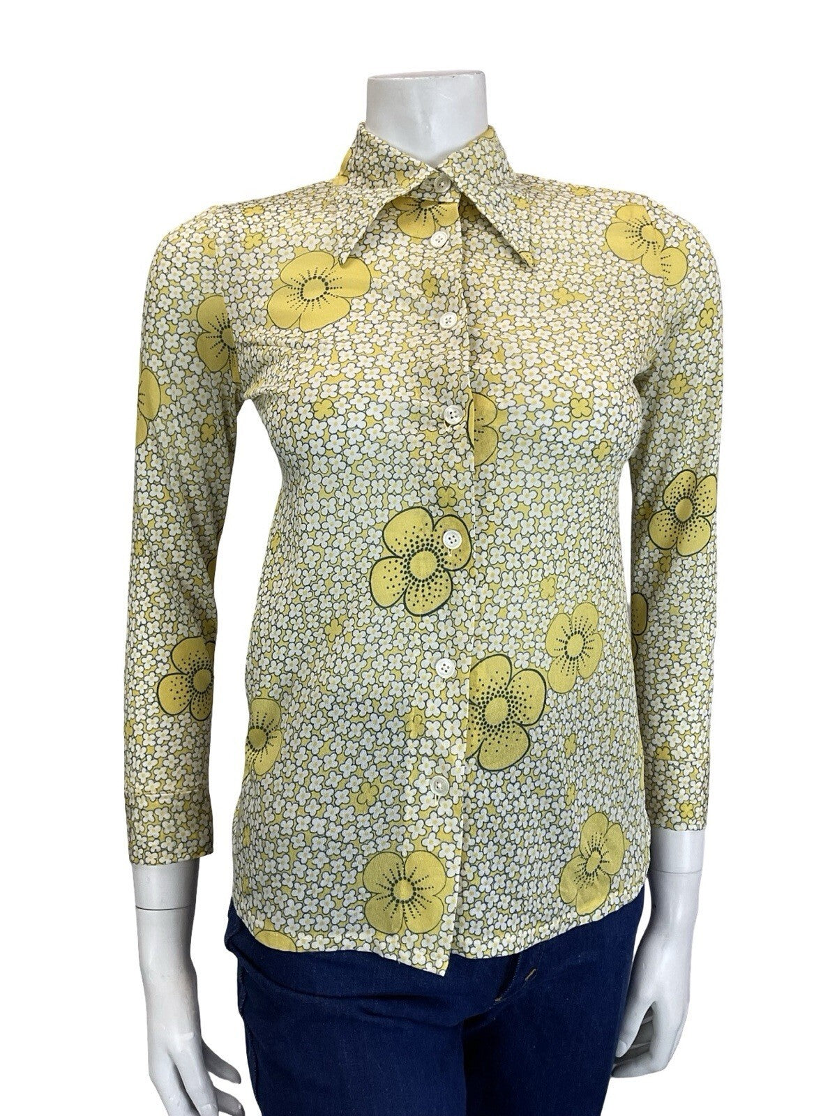 VTG 60S 70S RETRO MOD YELLOW WHITE BLACK DAISY FLORAL DAGGER COLLAR SHIRT 4