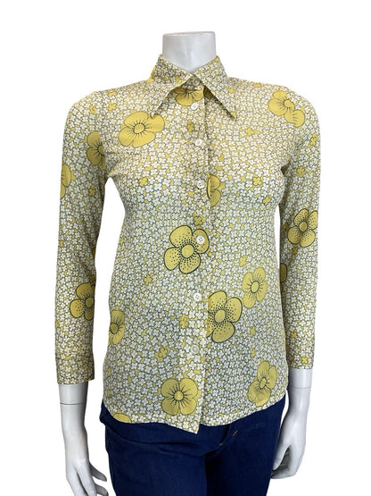 VTG 60S 70S RETRO MOD YELLOW WHITE BLACK DAISY FLORAL DAGGER COLLAR SHIRT 4