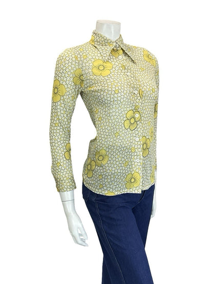 VTG 60S 70S RETRO MOD YELLOW WHITE BLACK DAISY FLORAL DAGGER COLLAR SHIRT 4