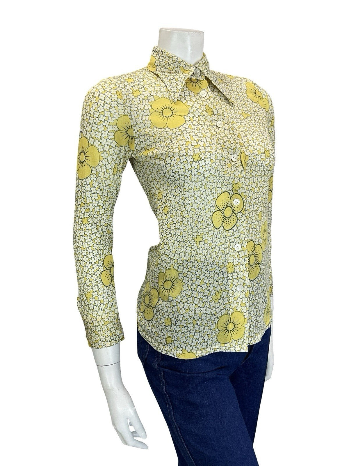 VTG 60S 70S RETRO MOD YELLOW WHITE BLACK DAISY FLORAL DAGGER COLLAR SHIRT 4