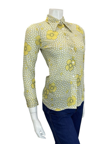 VTG 60S 70S RETRO MOD YELLOW WHITE BLACK DAISY FLORAL DAGGER COLLAR SHIRT 4