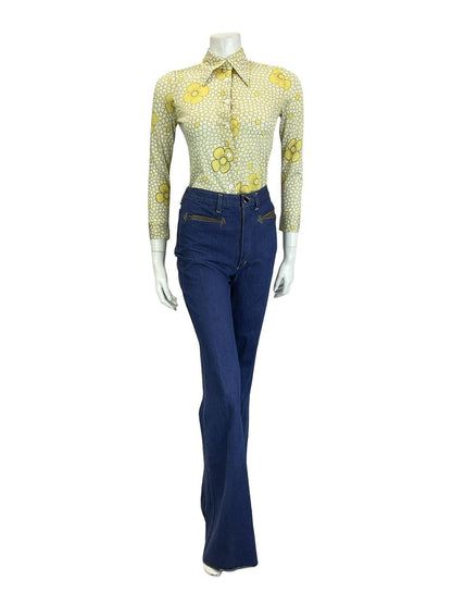 VTG 60S 70S RETRO MOD YELLOW WHITE BLACK DAISY FLORAL DAGGER COLLAR SHIRT 4